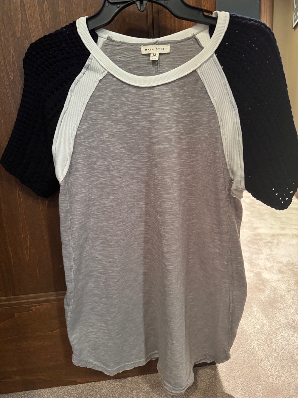 Main Strip Gray Tee with Black Crochet Short Sleeves
